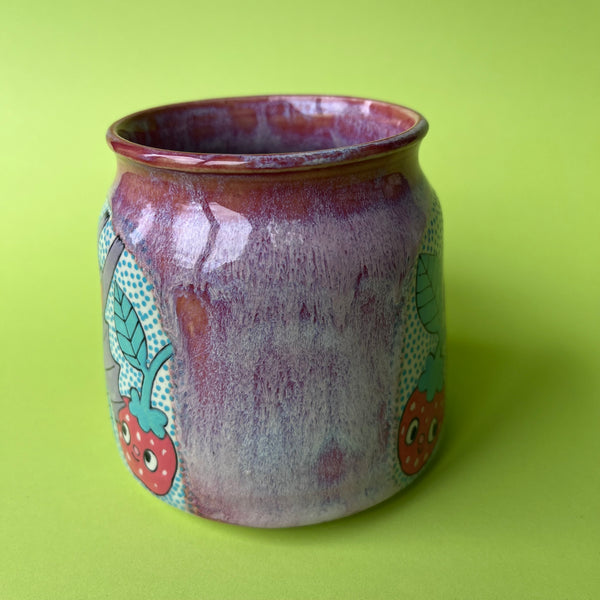 Ceramic Wheel Thrown Bat Strawberry Mug 15oz