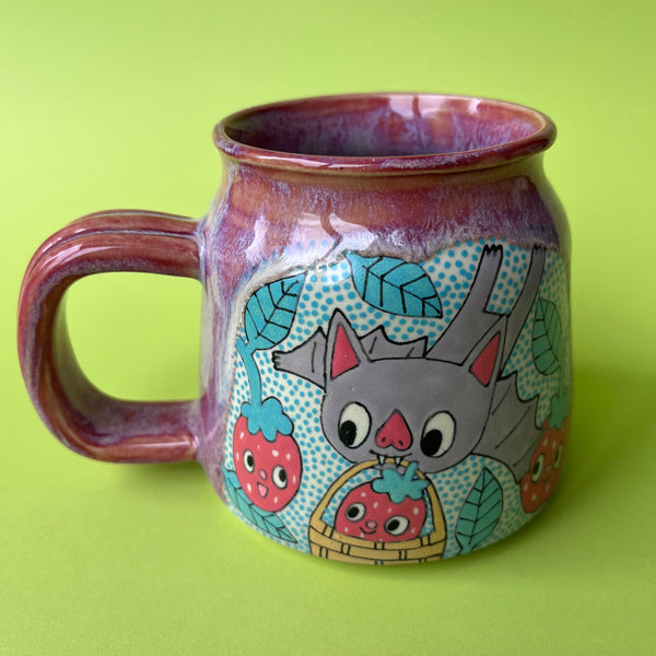 Ceramic Wheel Thrown Bat Strawberry Mug 15oz