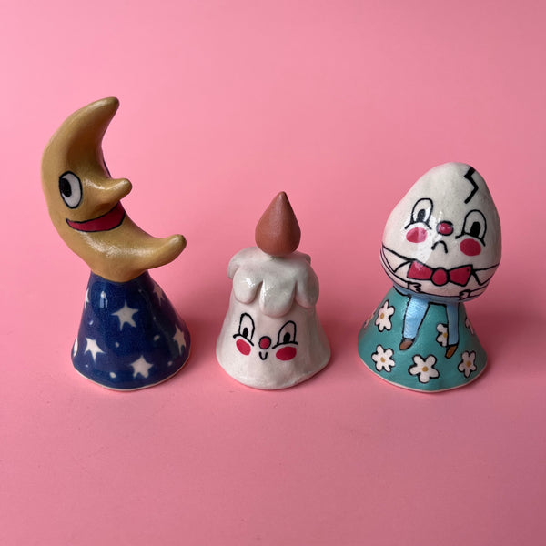 Ceramic Hand Built Bell Moon, Candle, Humpty Dumpty