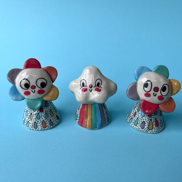 Ceramic Hand Built Bell Rainbow Cloud, Flower
