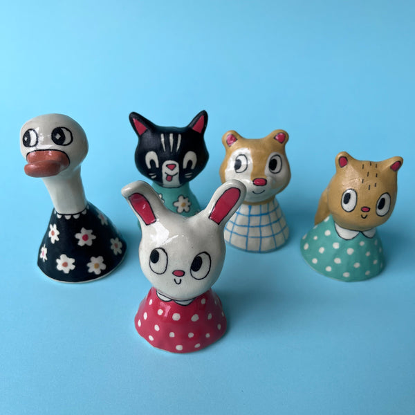 Ceramic Hand Built Bell Squirrel, Bear, Rabbit, Goose, Cat