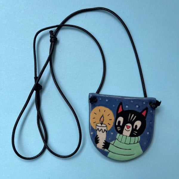 Ceramic Hand Built Cat Candle Necklace