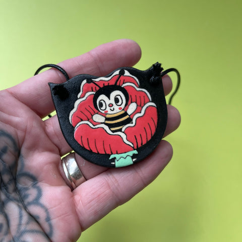 Ceramic Hand Built Bee Flower Necklace