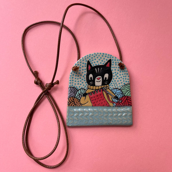 Ceramic Hand Built Knitting Cat Necklace
