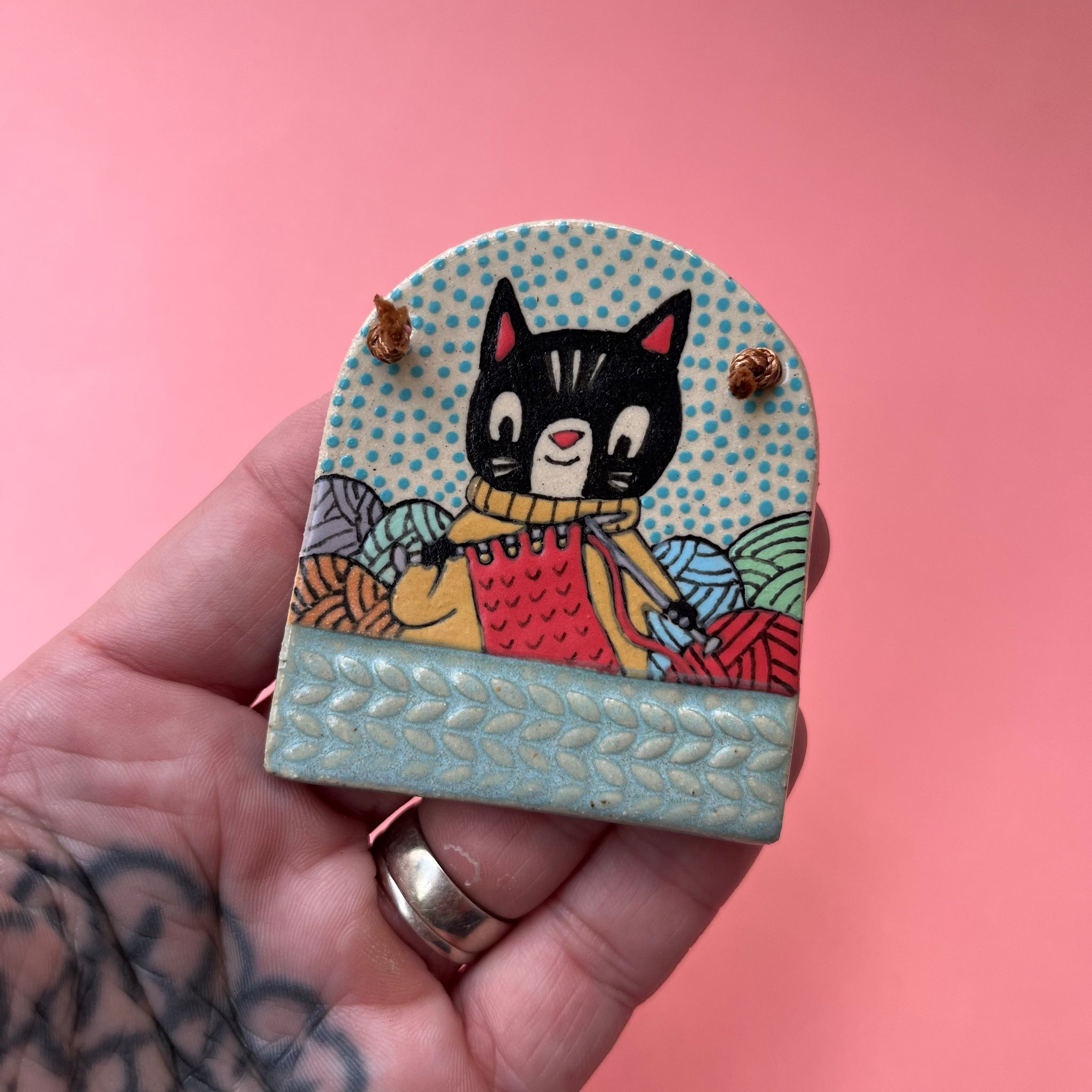 Ceramic Hand Built Knitting Cat Necklace