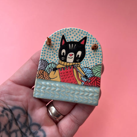 Ceramic Hand Built Knitting Cat Necklace