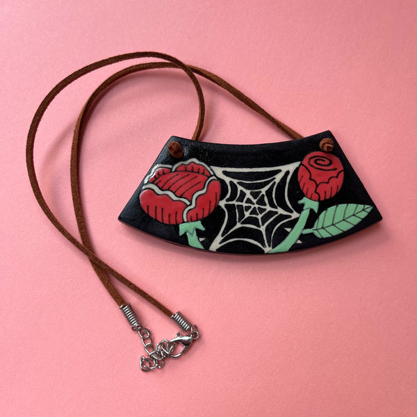 Ceramic Hand Built Rose Spiderweb Necklace