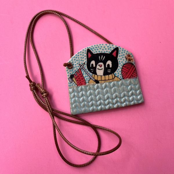 Ceramic Hand Built Knitting Cat Necklace