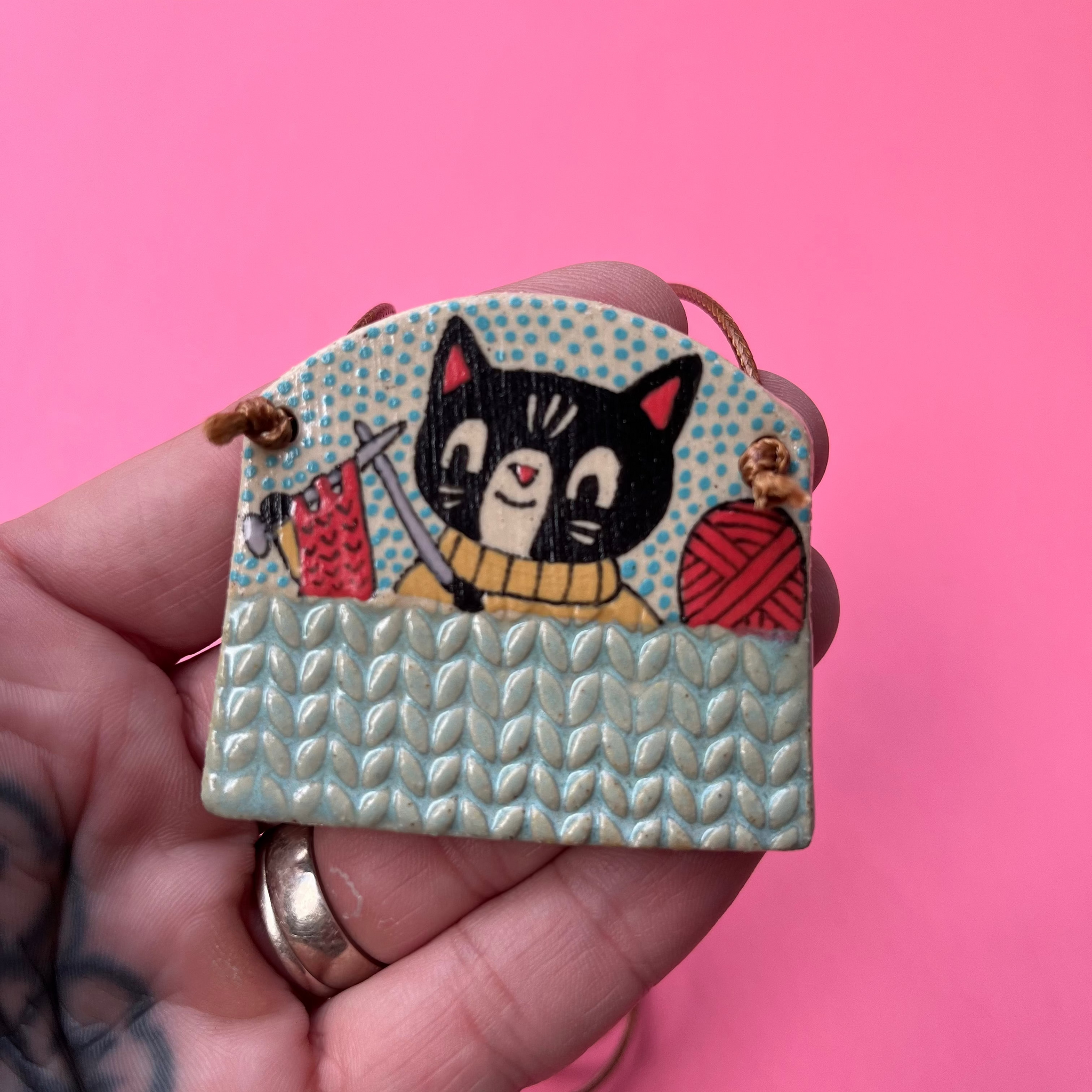 Ceramic Hand Built Knitting Cat Necklace