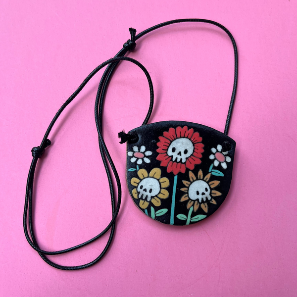 Ceramic Hand Built Skull Flower Necklace