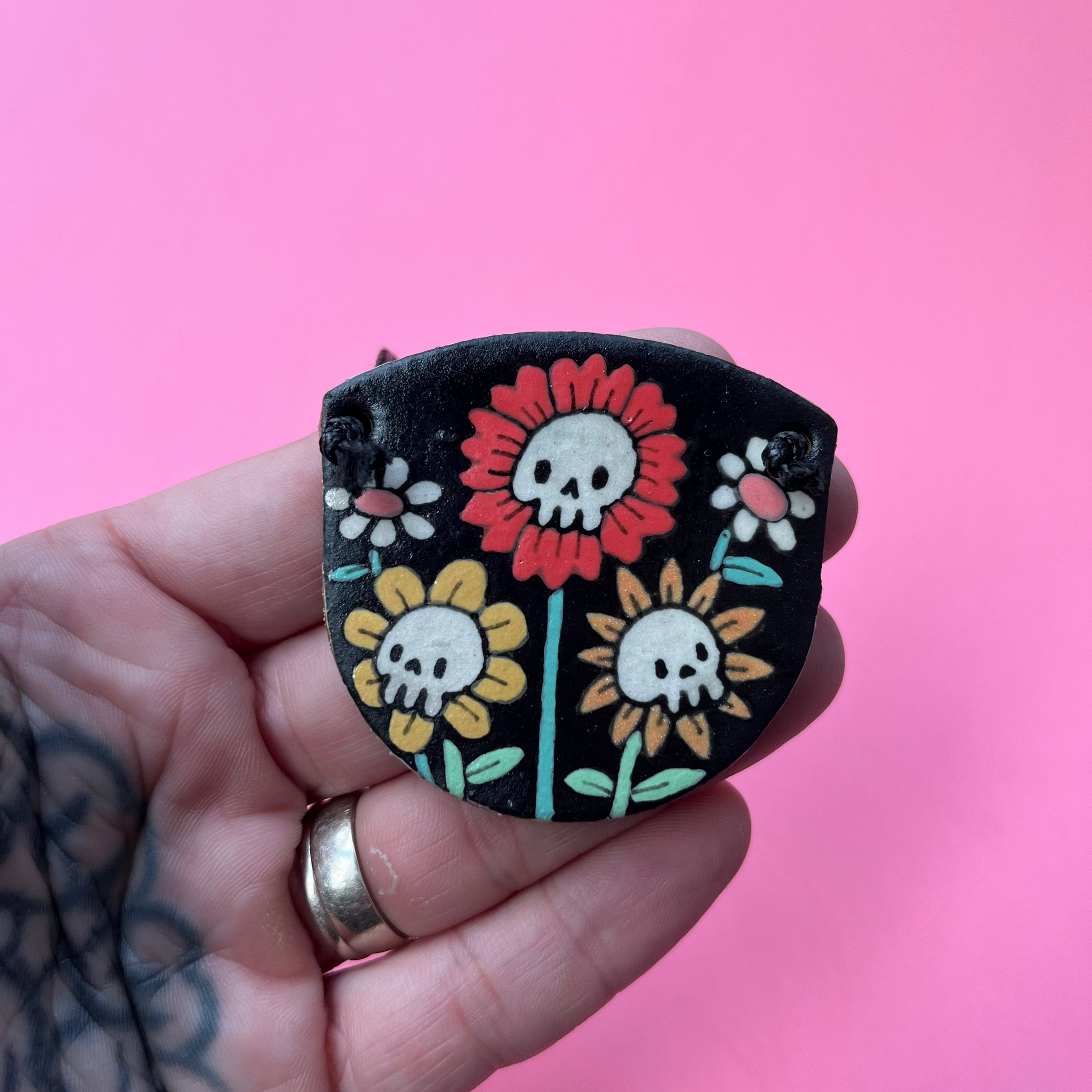 Ceramic Hand Built Skull Flower Necklace