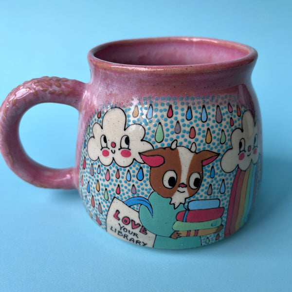 Ceramic Wheel Thrown Goats Reading Library Mug 15oz