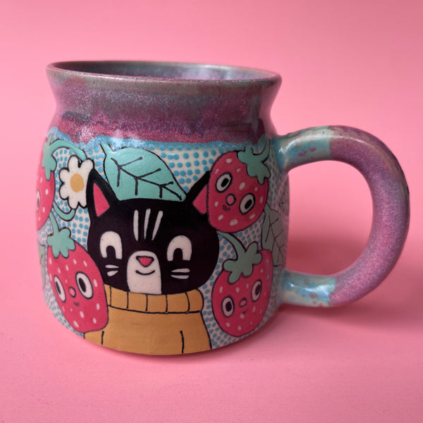 Ceramic Wheel Thrown Cat Strawberry Mug 12oz