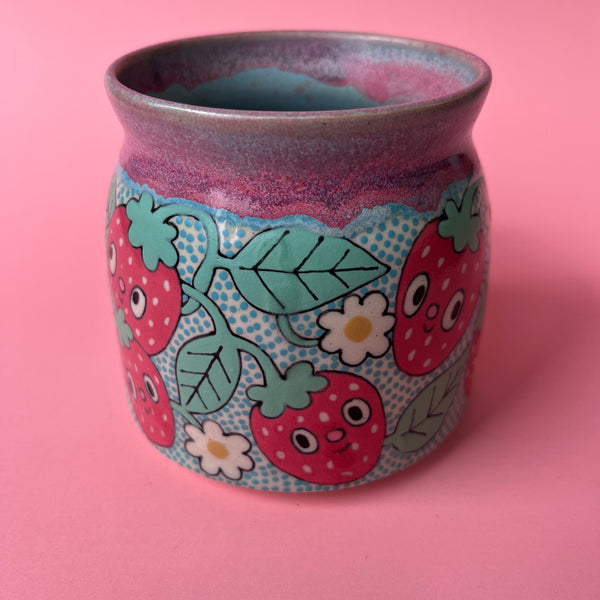 Ceramic Wheel Thrown Cat Strawberry Mug 12oz
