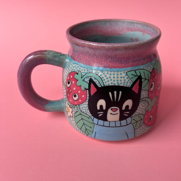 Ceramic Wheel Thrown Cat Strawberry Mug 12oz