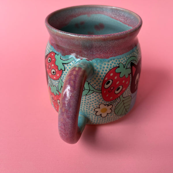 Ceramic Wheel Thrown Cat Strawberry Mug 12oz