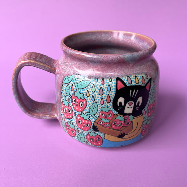 Ceramic Wheel Thrown Cat Strawberry Mug 15oz