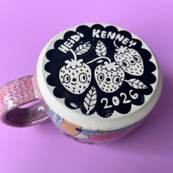 Ceramic Wheel Thrown Cat Strawberry Mug 15oz