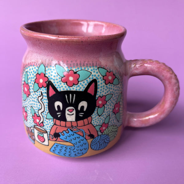 Ceramic Wheel Thrown Cat Crafts Knitting Mug 12oz