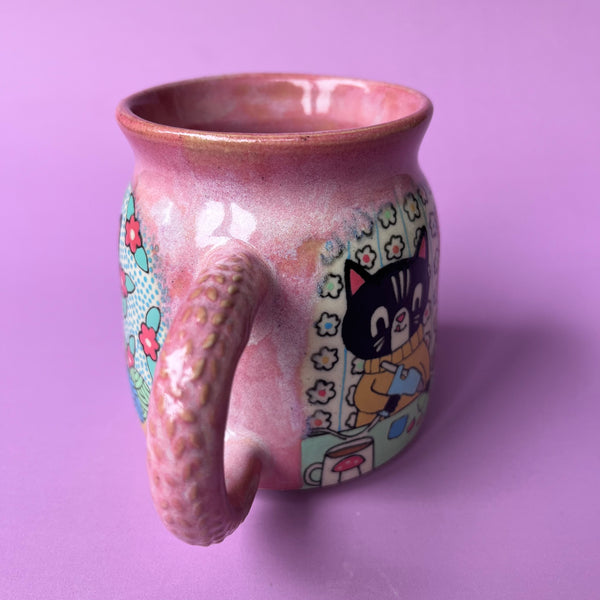 Ceramic Wheel Thrown Cat Crafts Knitting Mug 12oz