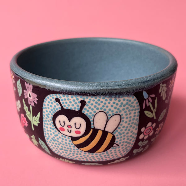 Ceramic Wheel Thrown Bee Snail Spider Flower Bowl 17oz