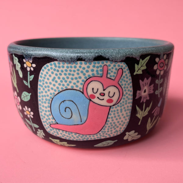 Ceramic Wheel Thrown Bee Snail Spider Flower Bowl 17oz