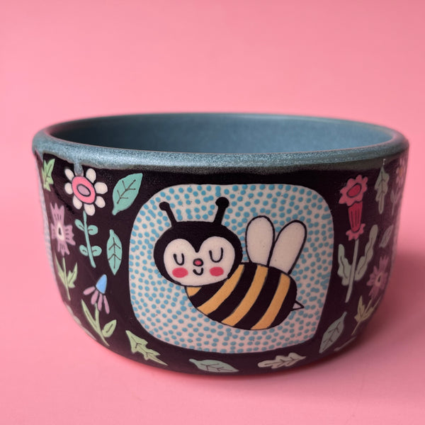 Ceramic Wheel Thrown Bee Snail Spider Flower Bowl 17oz