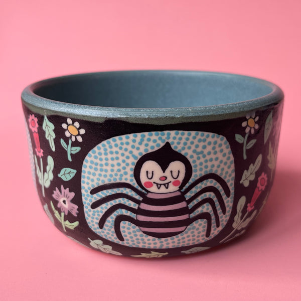 Ceramic Wheel Thrown Bee Snail Spider Flower Bowl 17oz