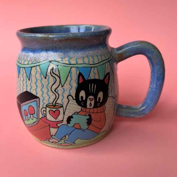 Ceramic Wheel Thrown Mug Video Game Cats 14.5oz