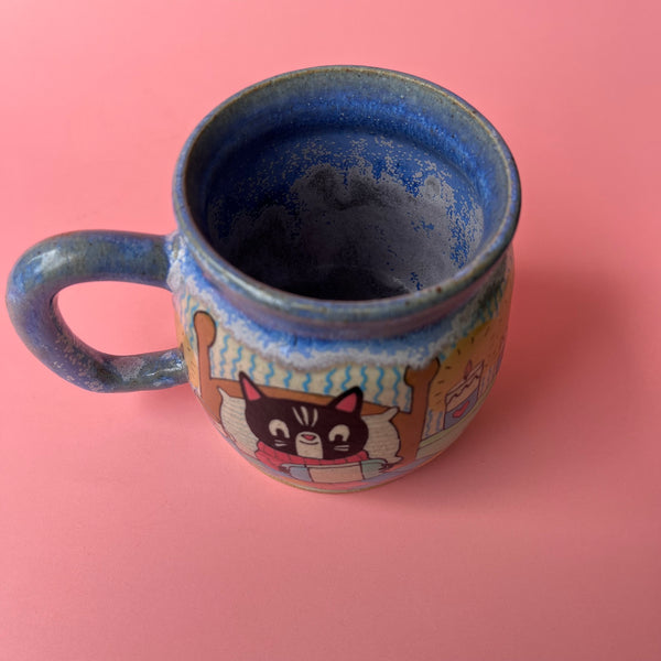Ceramic Wheel Thrown Mug Video Game Cats 14.5oz