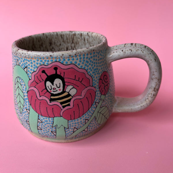 Ceramic Wheel Thrown Mug Bee Roses 12.5oz