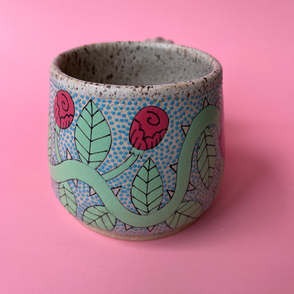 Ceramic Wheel Thrown Mug Bee Roses 12.5oz