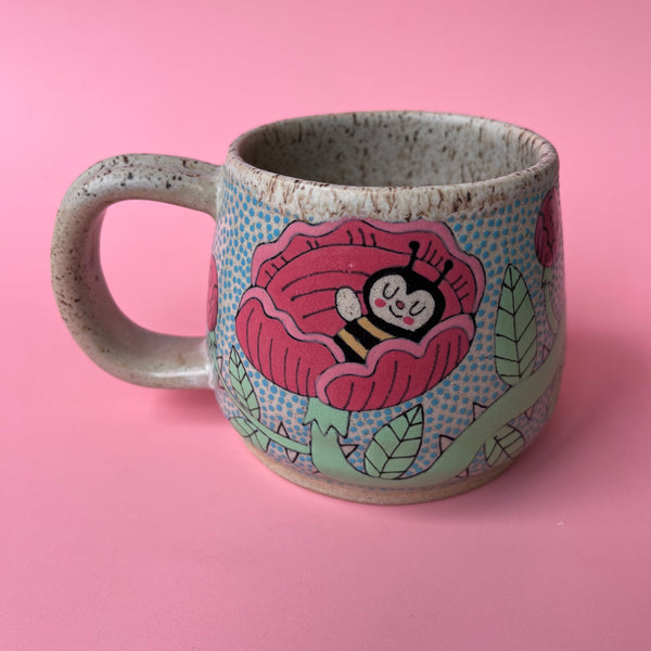 Ceramic Wheel Thrown Mug Bee Roses 12.5oz