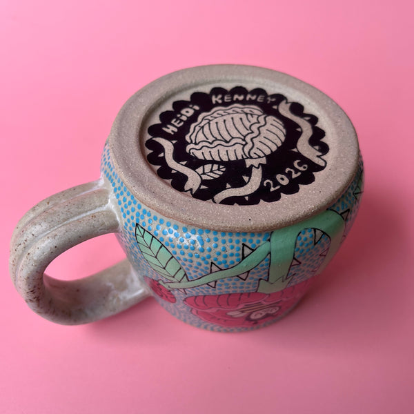 Ceramic Wheel Thrown Mug Bee Roses 12.5oz