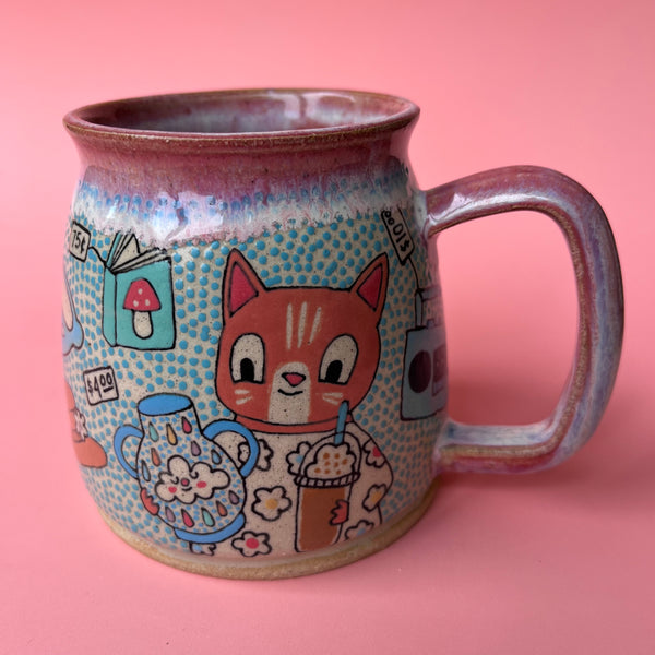 Ceramic Wheel Thrown Mug Cats Thrift Store 14.5oz