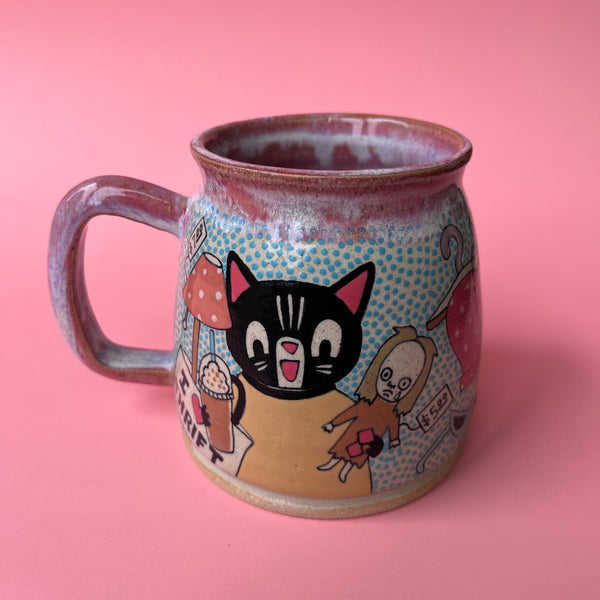 Ceramic Wheel Thrown Mug Cats Thrift Store 14.5oz