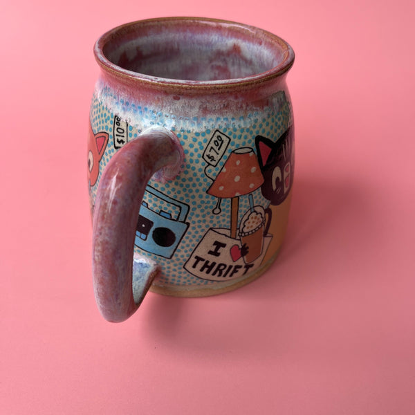 Ceramic Wheel Thrown Mug Cats Thrift Store 14.5oz