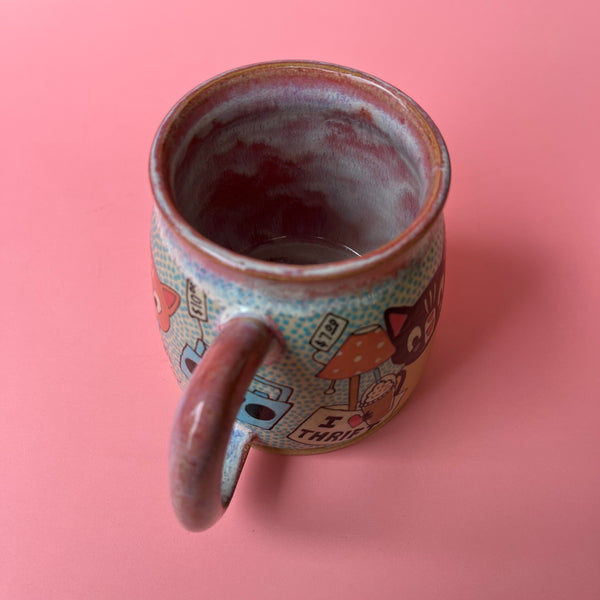 Ceramic Wheel Thrown Mug Cats Thrift Store 14.5oz