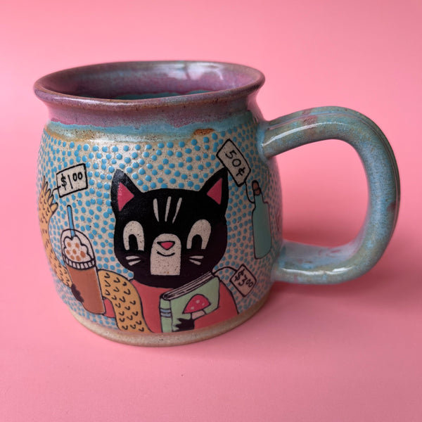 Ceramic Wheel Thrown Mug Thrift Shop Cats 11.5oz