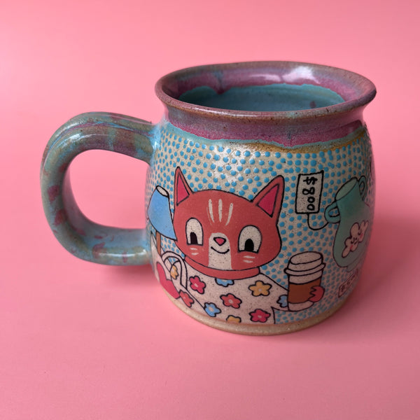 Ceramic Wheel Thrown Mug Thrift Shop Cats 11.5oz