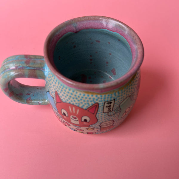 Ceramic Wheel Thrown Mug Thrift Shop Cats 11.5oz