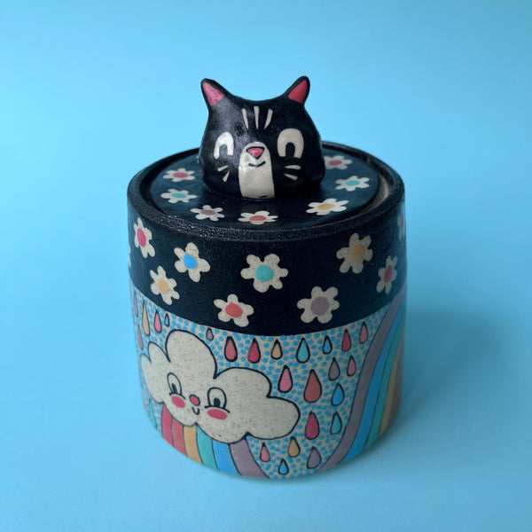 Ceramic Wheel Thrown Jar Rainbow Cloud Cat 12.5oz