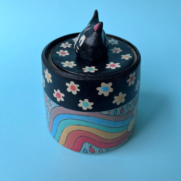 Ceramic Wheel Thrown Jar Rainbow Cloud Cat 12.5oz