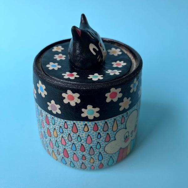 Ceramic Wheel Thrown Jar Rainbow Cloud Cat 12.5oz