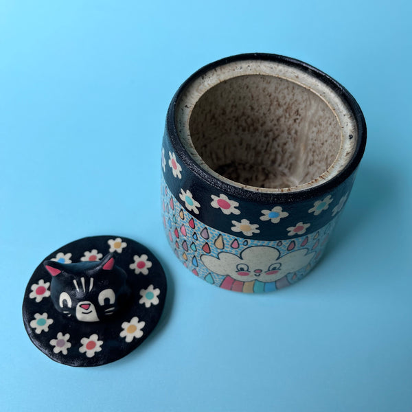 Ceramic Wheel Thrown Jar Rainbow Cloud Cat 12.5oz