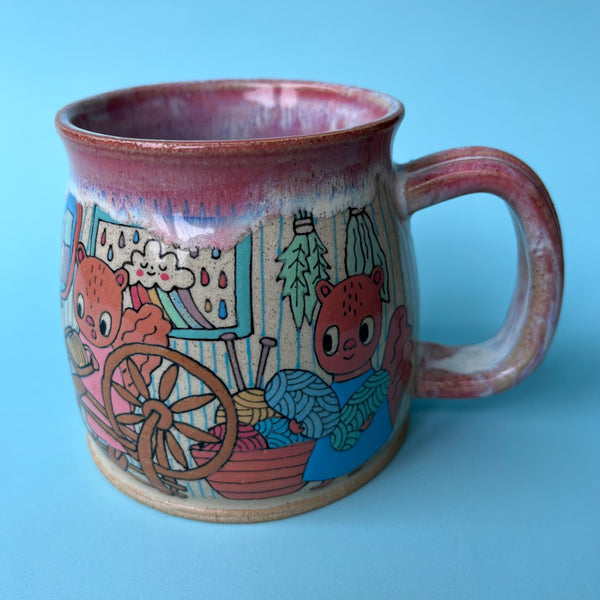Ceramic Wheel Thrown Mug Squirrels Spinning Yarn 15oz