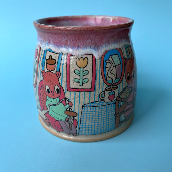Ceramic Wheel Thrown Mug Squirrels Spinning Yarn 15oz