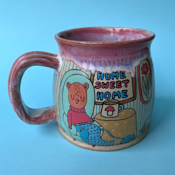 Ceramic Wheel Thrown Mug Squirrels Spinning Yarn 15oz