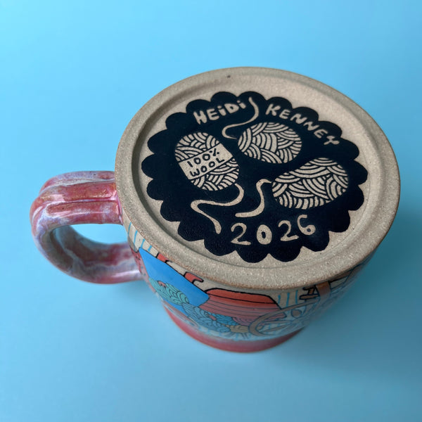 Ceramic Wheel Thrown Mug Squirrels Spinning Yarn 15oz
