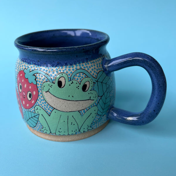 Ceramic Wheel Thrown Mug Frogs Strawberry 11.5oz